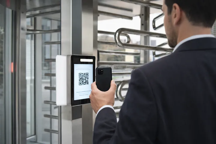 Persona usando un lector de acceso con código QR junto a un torniquete