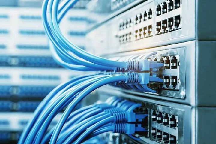 Cables de red azules conectados a un switch