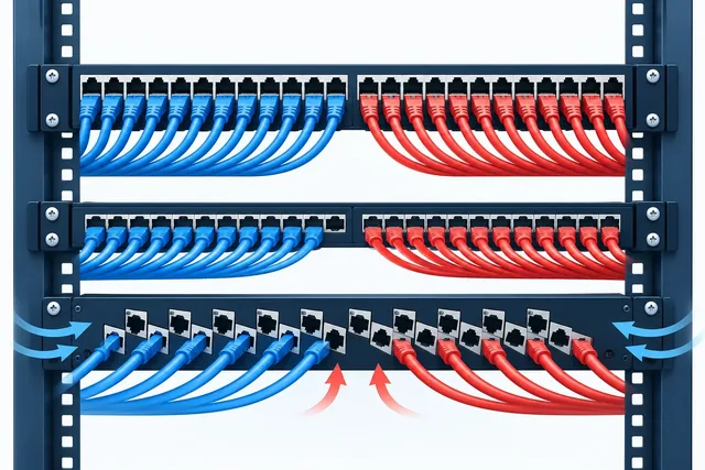 Rack con patch panels y cables de red azules y rojos